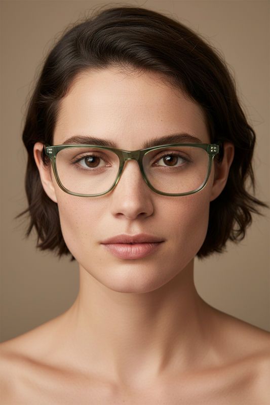 Close-up portrait of adult wearing Calvin Klein CK 23548 - 330 Sage Eyeglasses