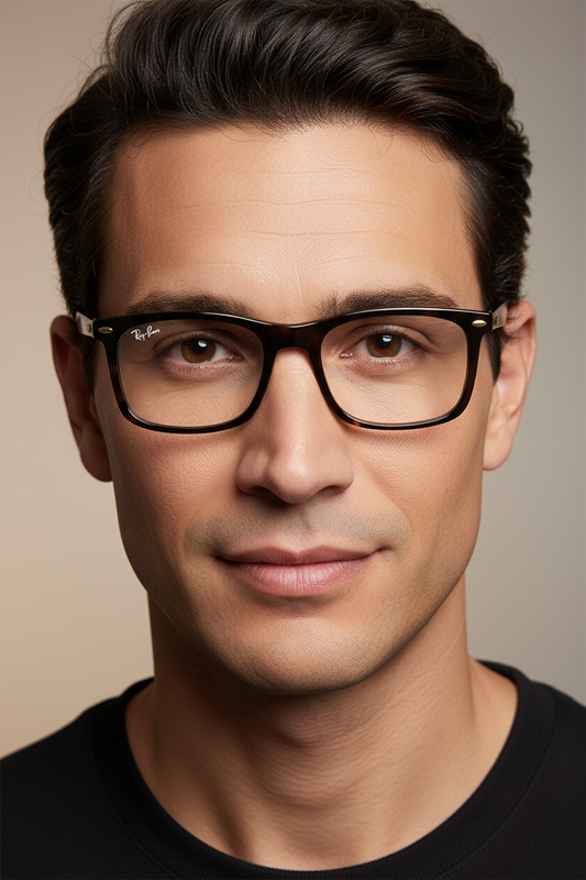 Close-up portrait of adult wearing Ray-Ban RB7260 Optical Eyeglasses