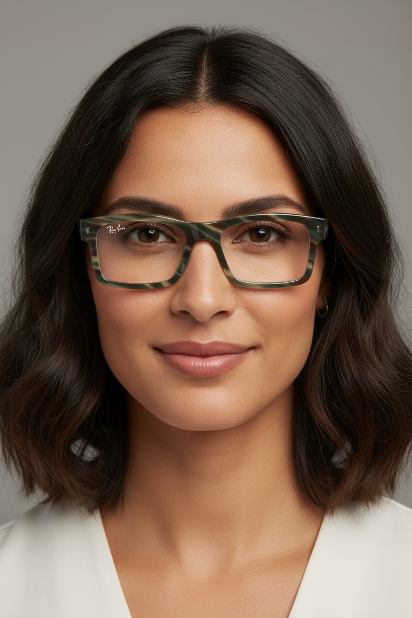 Close-up portrait of adult wearing Ray-Ban RX5435 8405 54 Havana Green Eyeglasses