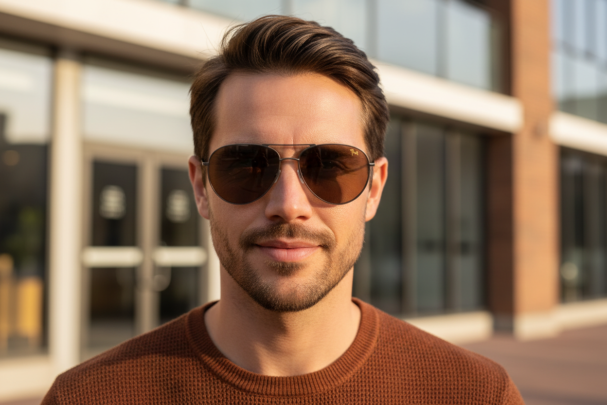 Man wearing Walaka coffee brown aviator sunglasses